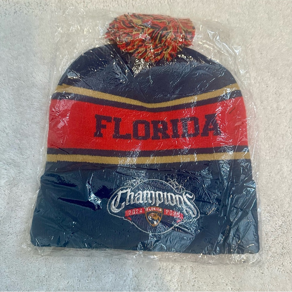 Panthers Hockey NHL 2024 & 2025 Stanley Cup Championship Beanie Pom Pom Hat Blue